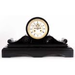 A LARGE LATE 19th CENTURY BLACK SLATE MANTEL CLOCK the drumhead top resting on scrolled supports and