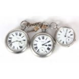 TWO, WWI, MILITARY POCKET WATCHES AND ONE SILVER OPEN FACED KEY WIND POCKET WATCH WITH KEY ON CHAIN
