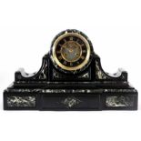 A LARGE LATE 19th CENTURY BLACK SLATE AND GREEN MARBLE MANTEL CLOCK the drumhead top resting on