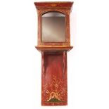 AN 18TH CENTURY RED LACQUERED HOODED WALL CLOCK CASE with 7" arched glazed aperture to the sliding