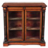 GILLOWS LANCASTER, A LATE 19TH CENTURY AMBOYNA AND EBONY INLAID SIDE CABINET the inverted break-