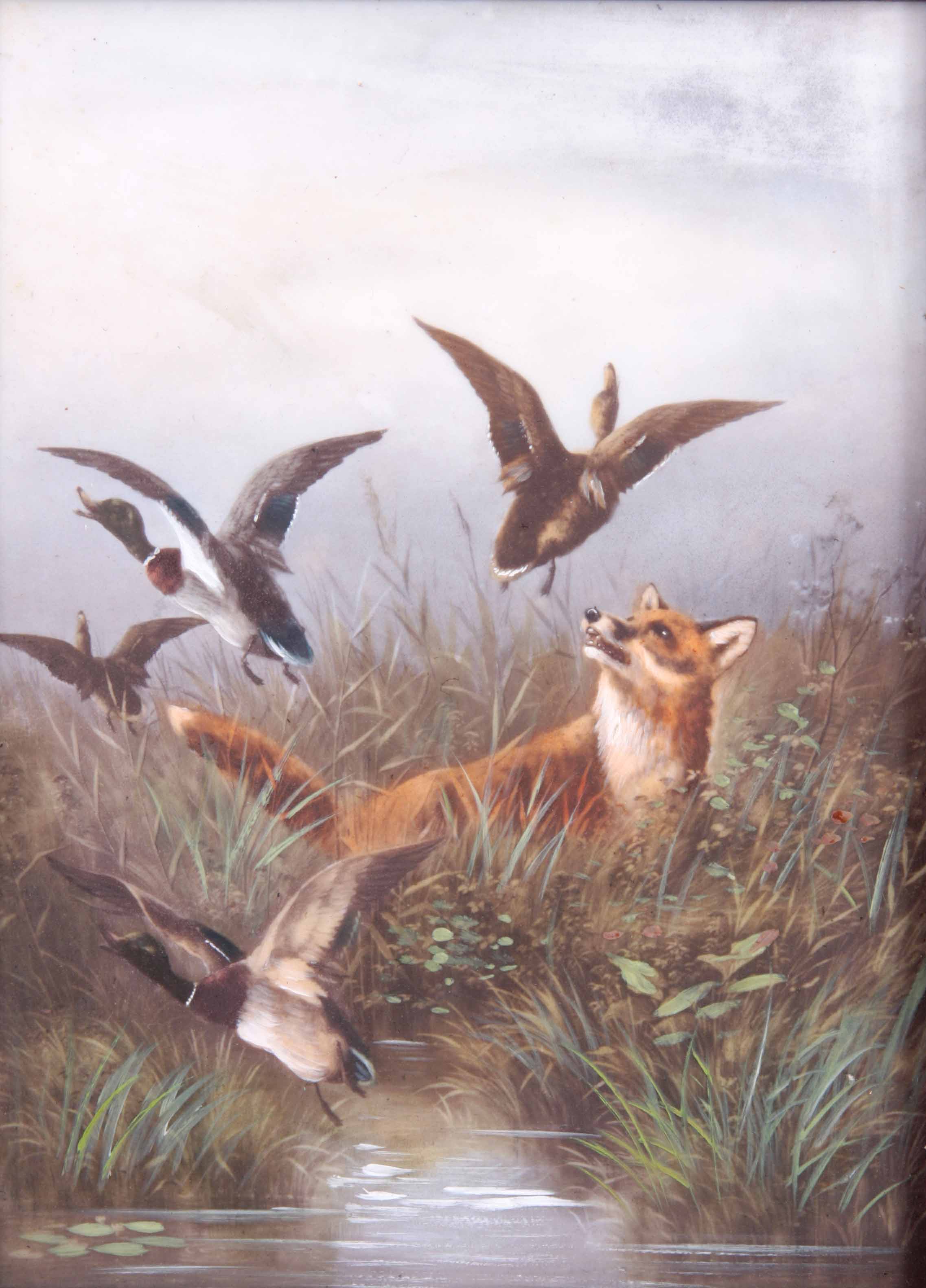 AN EARLY 20th CENTURY HAND PAINTED PORCELAIN PLAQUE of a fox startling ducks off a pond 14.5cm