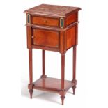 A MID 19TH CENTURY ORMOLU MOUNTED MAHOGANY AND SATINWOOD INLAID FRENCH BEDSIDE TABLE with marble