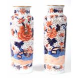 AN UNUSUAL LARGE PAIR OF 19TH CENTURY IRONSTONE SLEEVE VASES PROBABLY BY MASONS with ringed necks