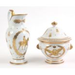 AN EARLY 20TH CENTURY WHITE PORCELAIN AND GILT LIMOGES JUG of baluster form decorated with