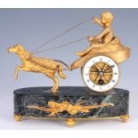 A LATE 19th CENTURY FRENCH ORMOLU AND MARBLE CHARIOT MANTEL CLOCK OF SMALL PROPORTIONS modelled as a