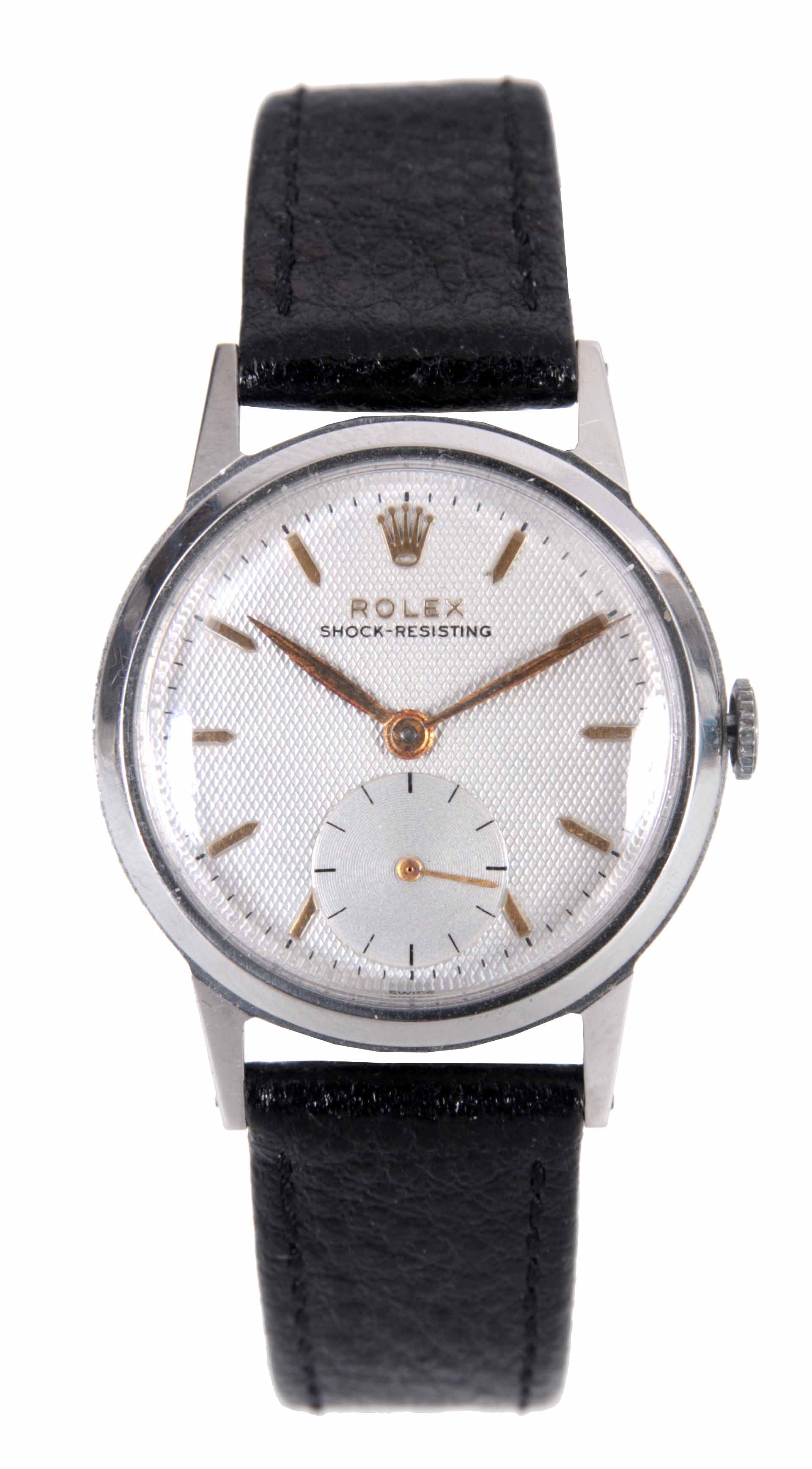 A GENTLEMAN'S 1950's STEEL ROLEX WRIST WATCH with smooth bezel enclosing a silvered honeycomb dial