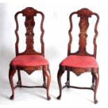 A PAIR OF EARLY 18TH CENTURY MARQUETRY INLAID WALNUT SIDE CHAIRS with shaped backs and drop in