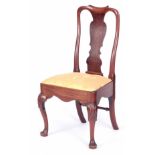 AN UNUSUAL EARLY GEORGIAN WALNUT SIDE CHAIR WITH AMARILLO VENEERED SHAPED SOLID CENTRE SPLAT apricot