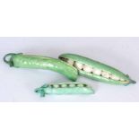 THREE 18TH CENTURY CHELSEA PORCELAIN PEA PODS circa 1755 one closed and two open pods 6cm to 9cm