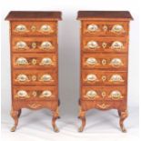 A PAIR OF LATE 19TH CENTURY FIGURED WALNUT GERMAN TALL CHESTS with ormolu mounts and porcleain