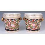 A PAIR OF 19TH CENTURY PARIS PORCELAIN ICE PAILS decorated with flowers with gilt lions mask handles