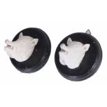 A PAIR OF 19TH CENTURY CONTINENTAL WHITE PORCELAIN BOARS HEADS mounted on circular ebonised