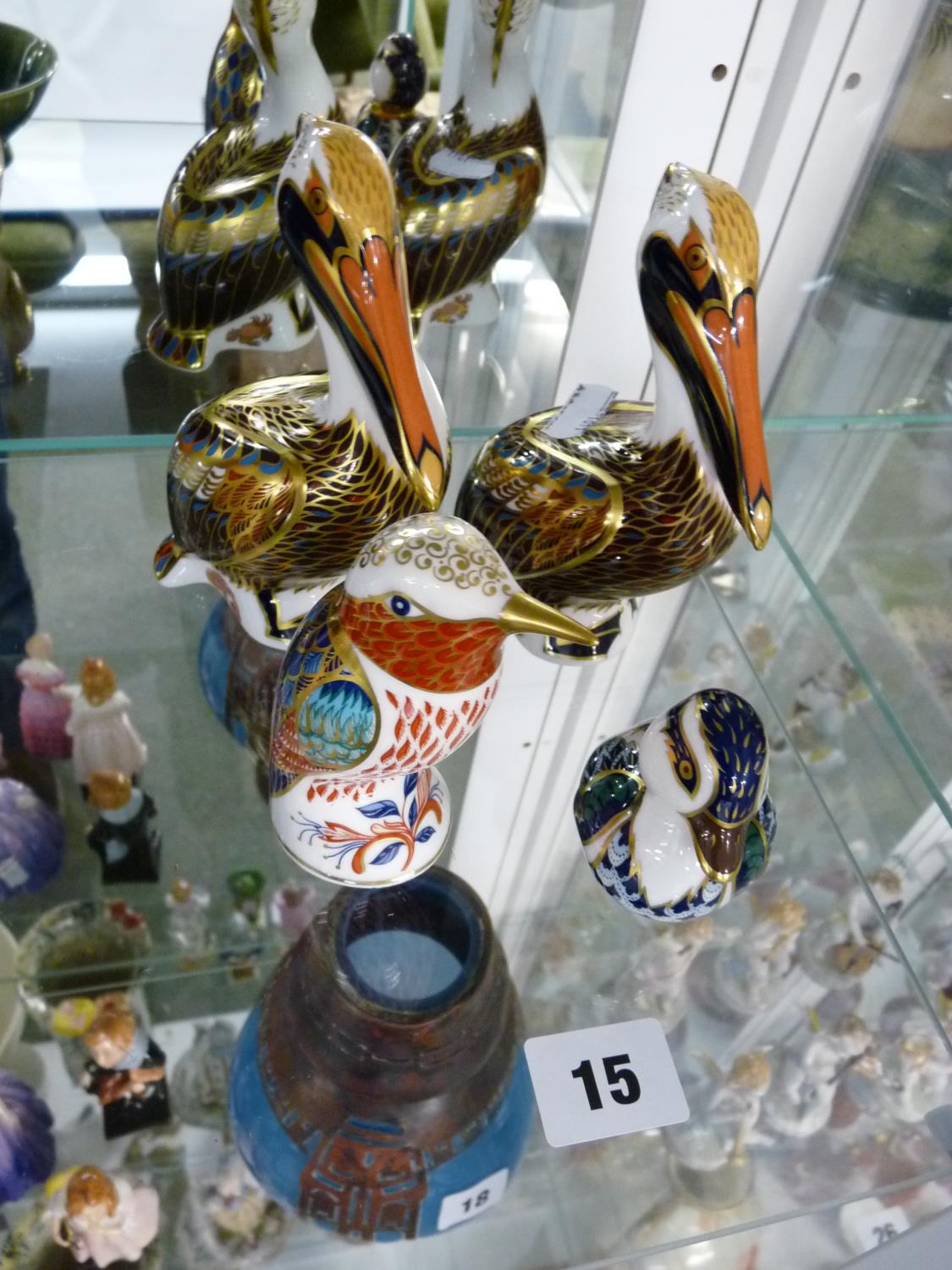 Pair of Royal Crown Derby Pelican paperweights, Kingfisher and a Duckling all with Gold Buttons to