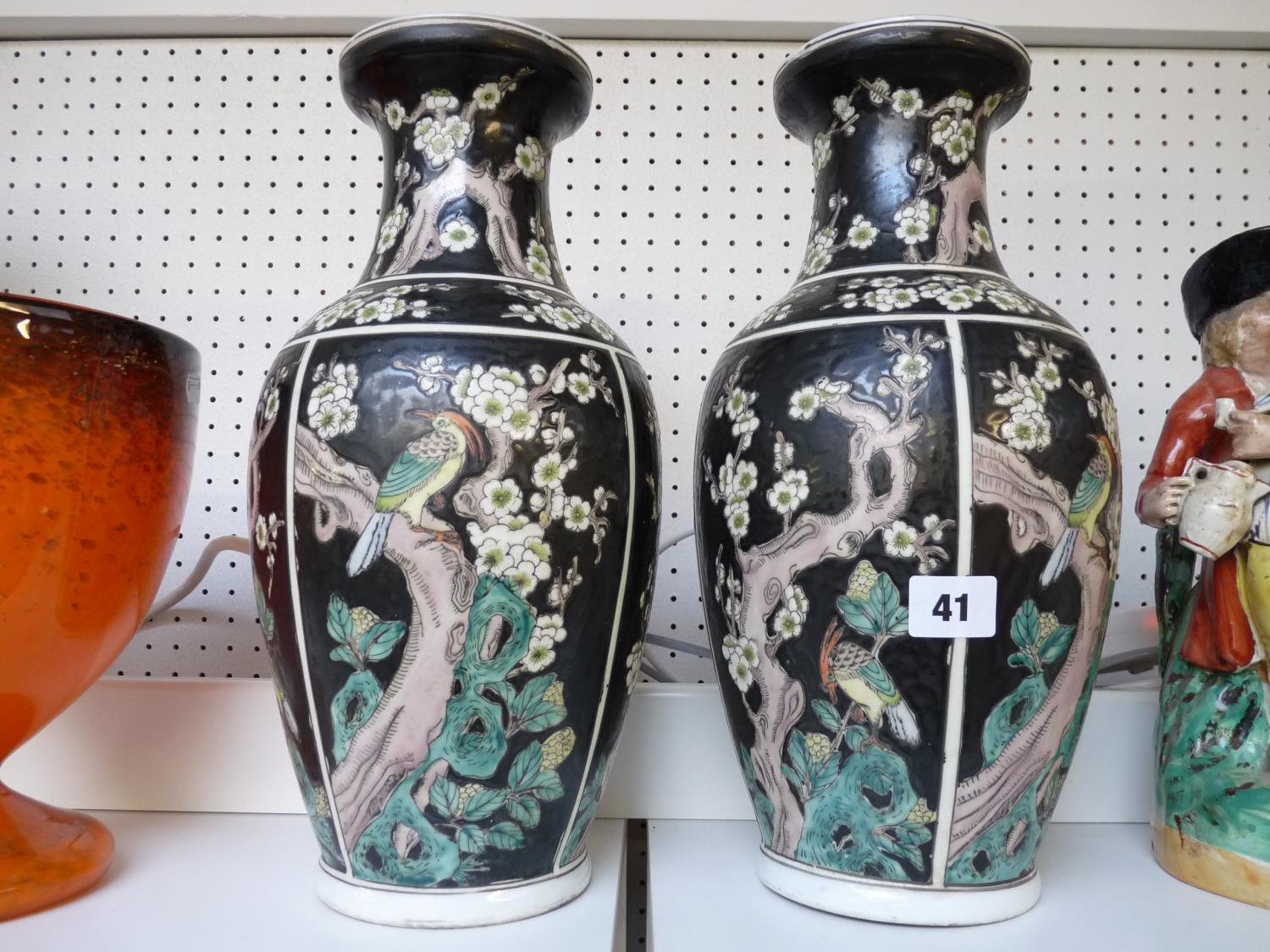 Pair of Late 19thC Chinese Vases with Prunus and bird decoration withing bordered panels, Stamped