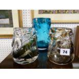 Blue Whitefriars knobbly glass vase and 2 Smokey Knobbly vases