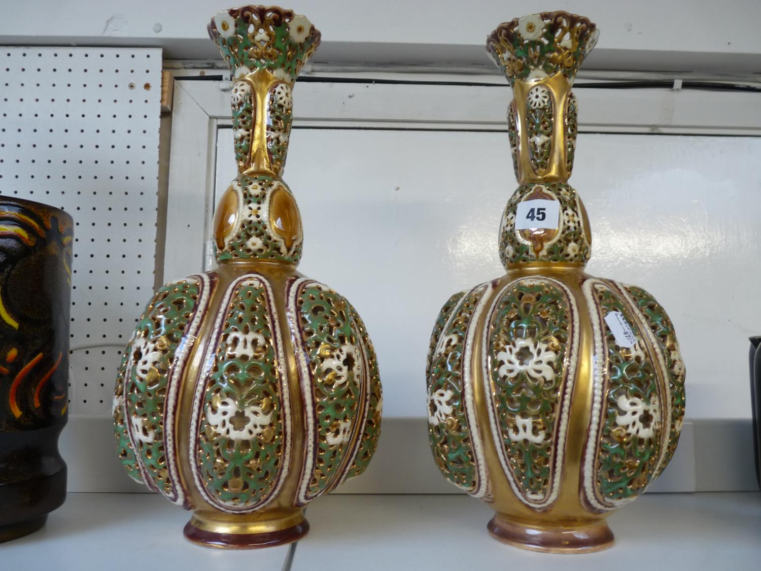 Pair of Zsolnay Reticulated Pierced Double Walled vases of Baluster form with highly gilded