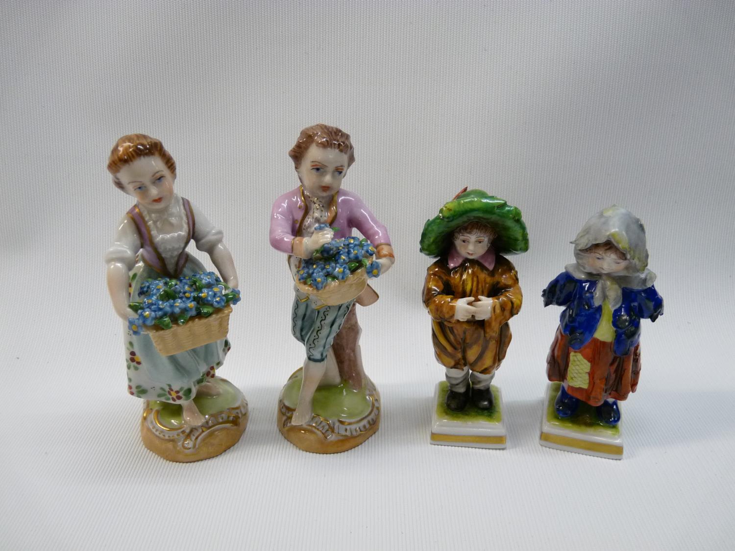 Pair of Dresden Flower Sellers and a 2 European Street Children with Blue underglaze marks