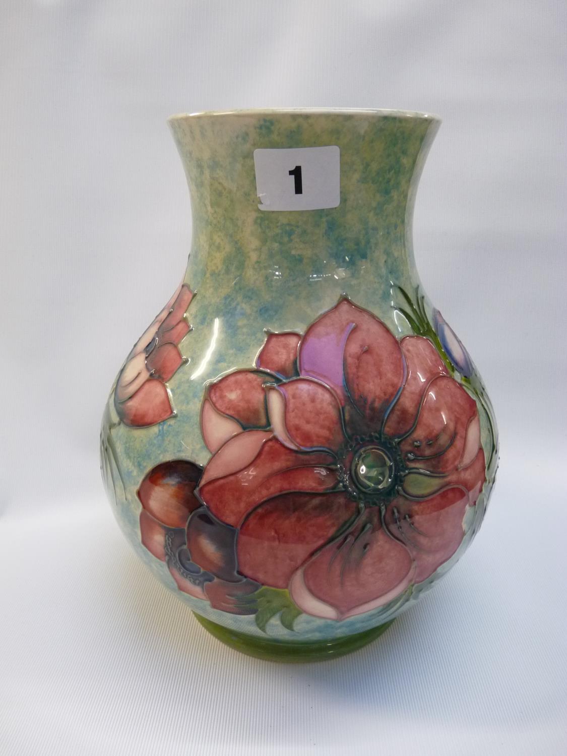 Large Moorcroft Poppy decorated vase of green mottled ground for Moorcroft Collectors Club 1990