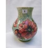 Large Moorcroft Poppy decorated vase of green mottled ground for Moorcroft Collectors Club 1990