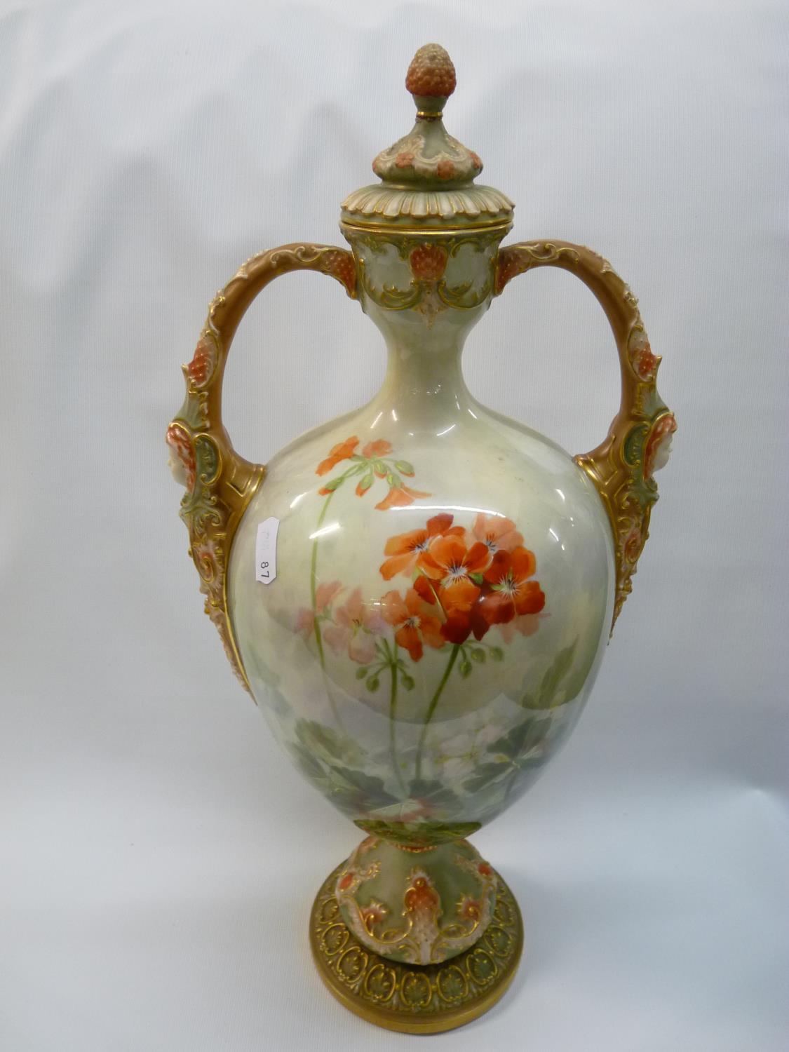 Large Royal Worcester two handled Geranium decorated vase by Frank Roberts with gilded mask handles, - Image 2 of 4