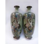 Pair of Late 19thC Chinese Cloisonne Green ground vases with Stork and Foliate decoration, 15.5cm in