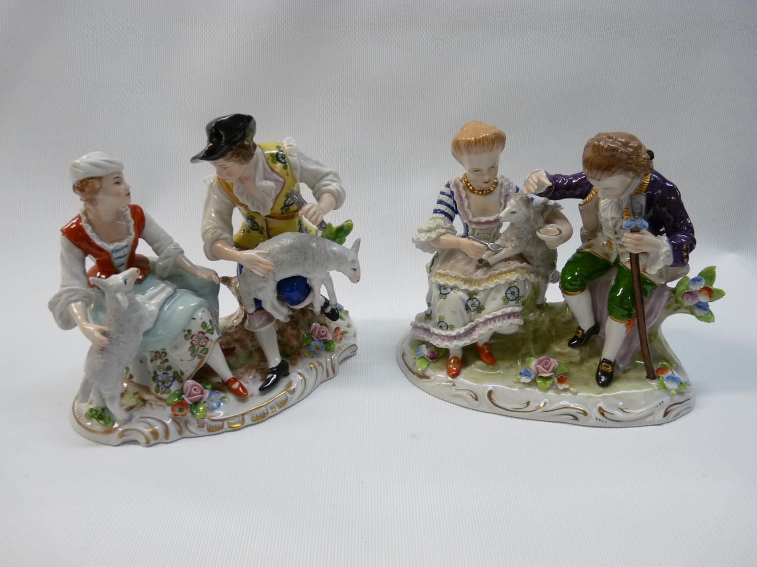 Pair of Good Quality early 20thC Sitzendorf figural groups of Sheep farming scenes, underglaze marks