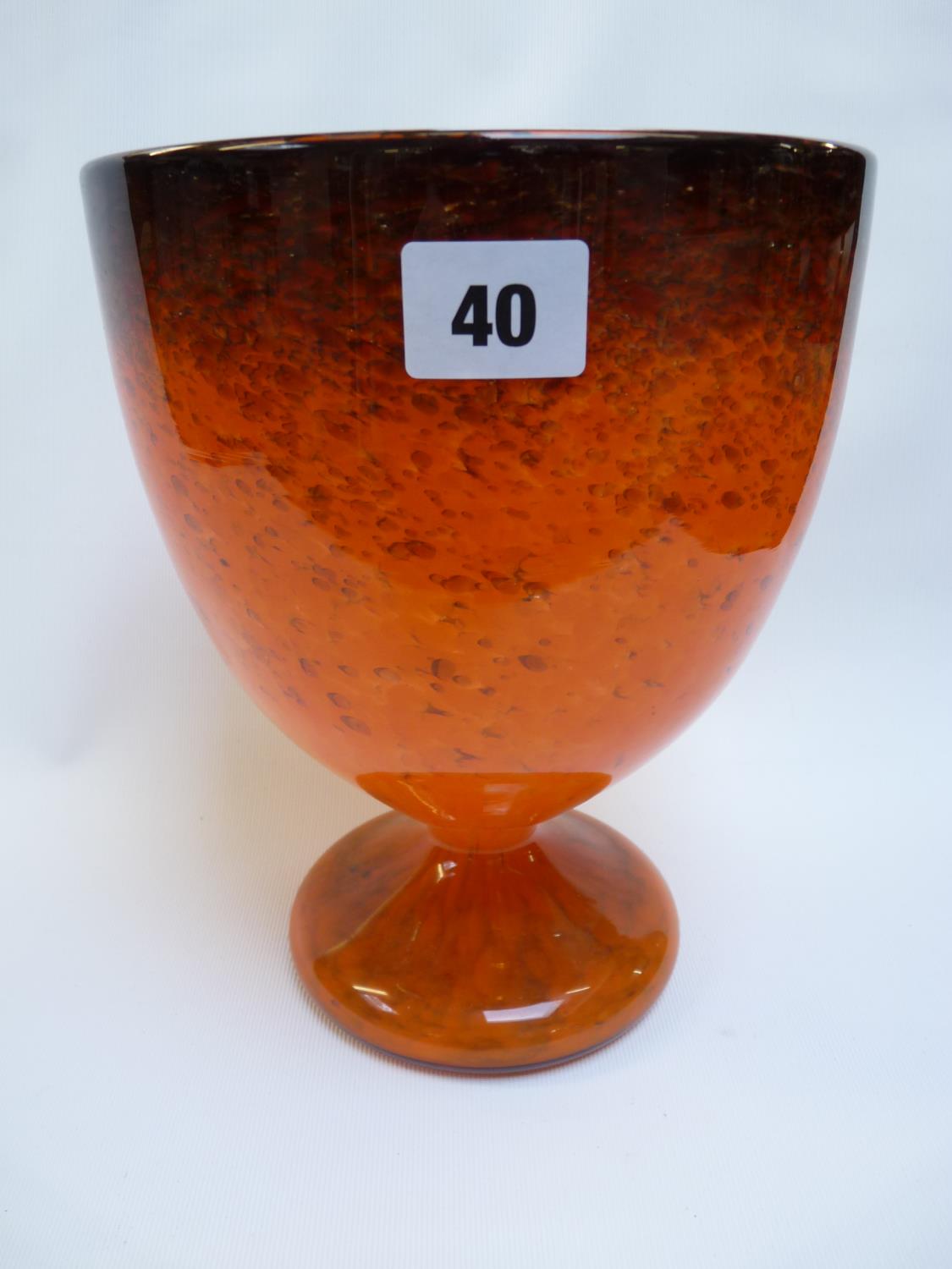 Good Quality Monart Orange and gilt flaked goblet vase with paper label to base, 23cm in Height