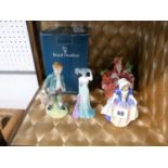 3 Royal Doulton Figures Dinky Do HN1678, Lydia HN1908, Jack HN2060 and a Coalport Aniota figure