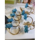 Set of 6 1920s Wall lights, 4 Singles and 2 Doubles on gilt ribbon mounts with Blue Glass rose lamps