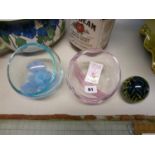 2 Caithness floral glass bowls and a unmarked glass paperweight