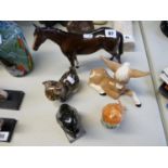 Royal Doulton Horse, Szeiler Foal, Winstanley Kitten, Beswick Barn Owl and a Russian Cat