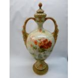 Large Royal Worcester two handled Geranium decorated vase by Frank Roberts with gilded mask handles,