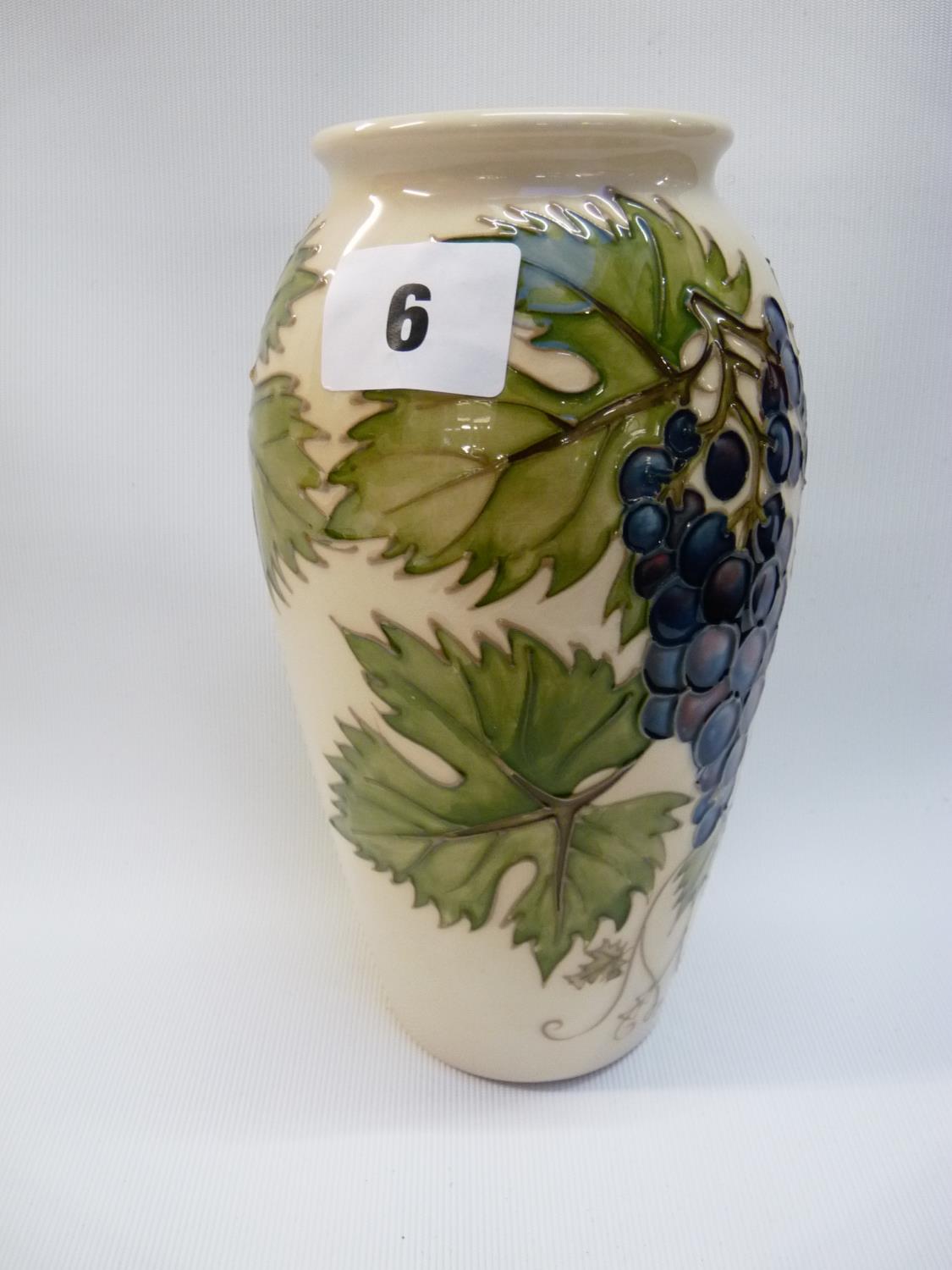 Moorcroft cream ground vase with Vine and Grape decoration marked CC 1987, impressed and stamped