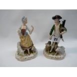 Pair of Early 20thC Meissen Style figures of Shepherd and Shepherdess on gilded shaped bases,