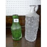 Green Whitefriars glass vase with bark effect and a Clear glass Whitefriars decanter with bark
