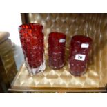 3 Red and Clear Whitefriars Textured Bark vases