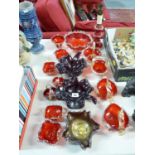 Collection of assorted Red Murano Glass dishes and a a candlestick light