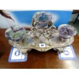 Impressive Silver plated table centrepiece with floral and Swan decoration supporting 3 Fluorspar