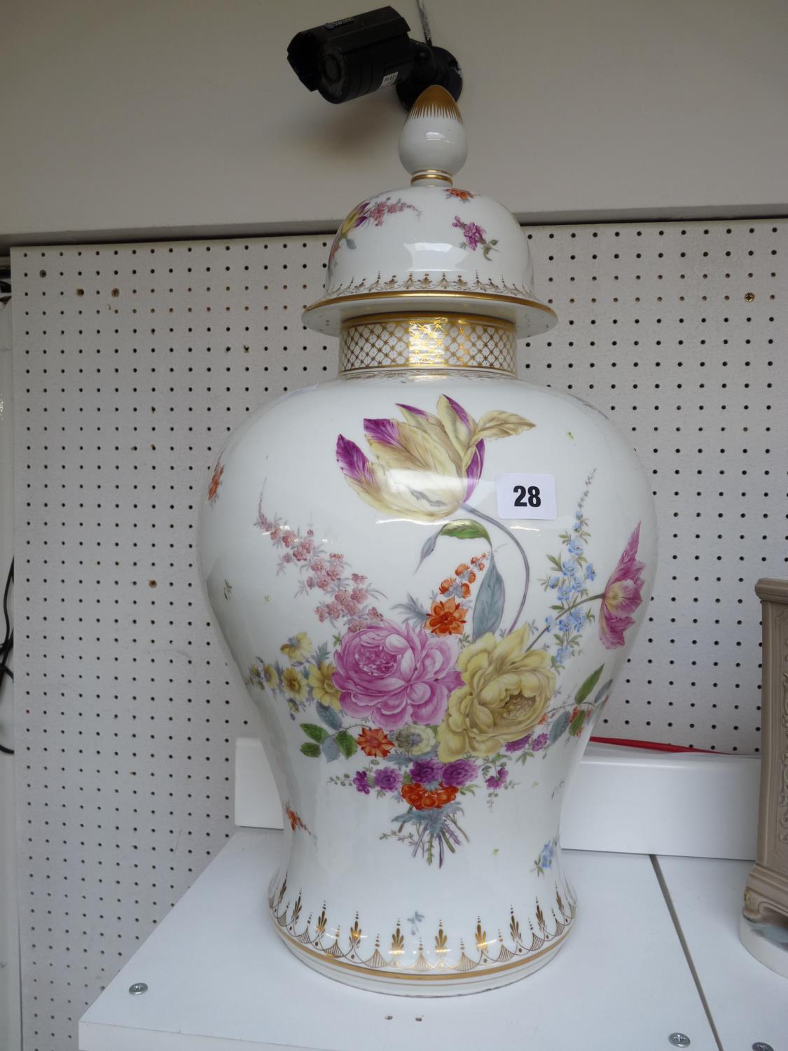 Very Large Meissen style European lidded baluster vase with floral decoration and gilded detail,