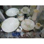 Collection of 20thC Beleek Shamrock basket weave ceramics inc. Sandwich plate, cream jug, trio etc