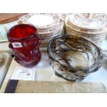 Whitefriars Ruby bark effect vase and a Large Whitefriars smoky glass fruit bowl