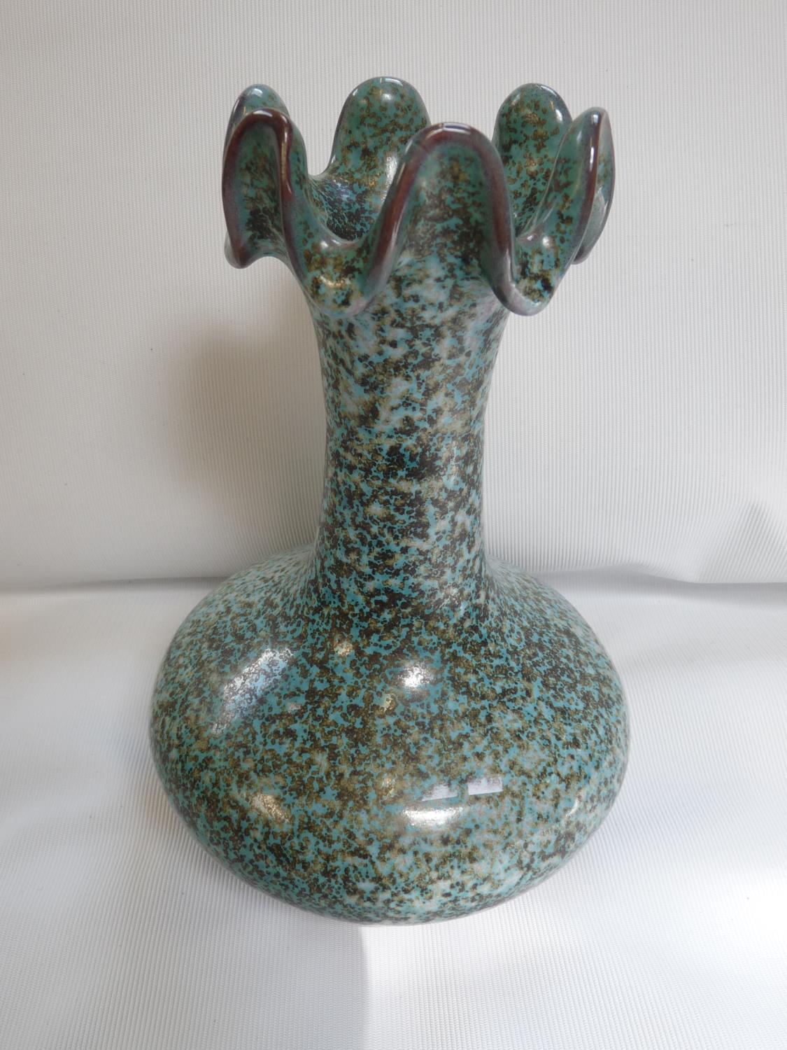 Asian flared vase with mottled green and colbalt glaze, impressed character mark to base, 22cm in