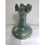 Asian flared vase with mottled green and colbalt glaze, impressed character mark to base, 22cm in