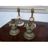 Pair of Edwardian Brass cast squat candlesticks with Vine decoration and a Pair of Onyx and brass