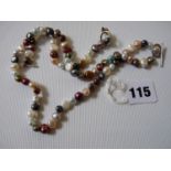 Good Quality Ladies Coloured Cultured Pearl necklace with matching bracelet on Silver Hoop and