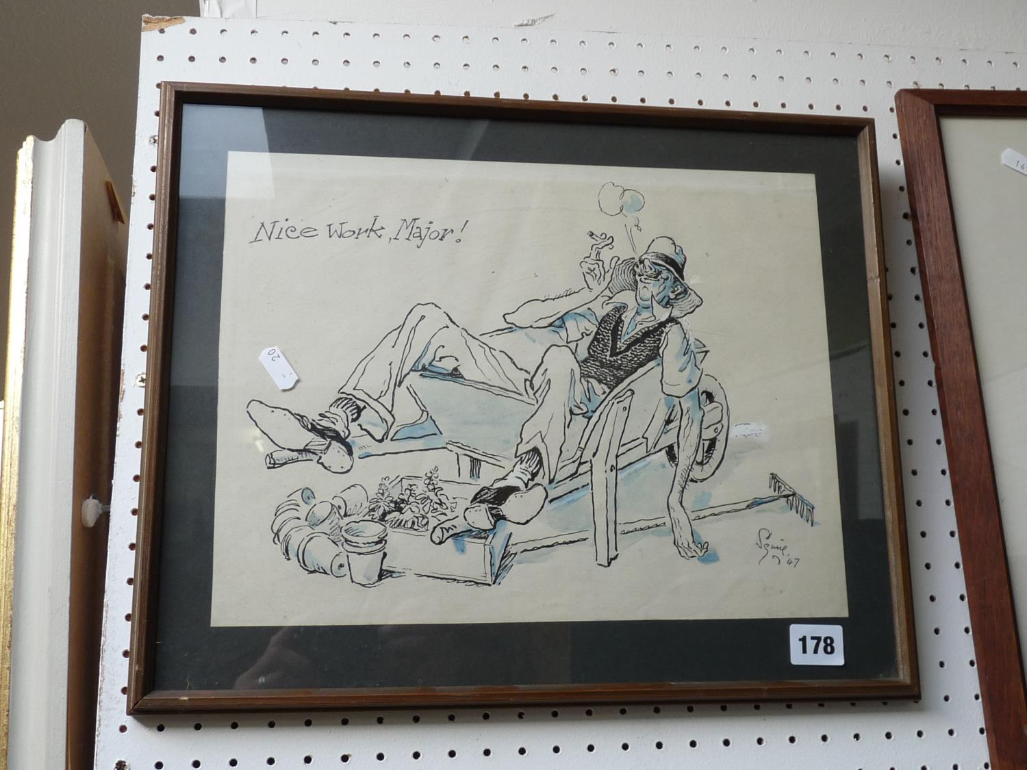 Framed Pen and Ink 'Nice Work,Major!' signed to bottom right dated 1947