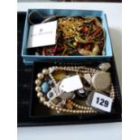 2 Boxes of assorted Silver and costume jewellery inc. Silver oval locket, Silver St Christopher etc