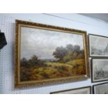 Framed Oil on canvas of Shepherds against Heathland, signed J Baker, 74 x 49cm