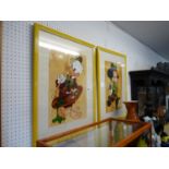 Pair of Mixed Medium Daffy Duck and Mickey Mouse pictures signed Rubi 38 x 25cm